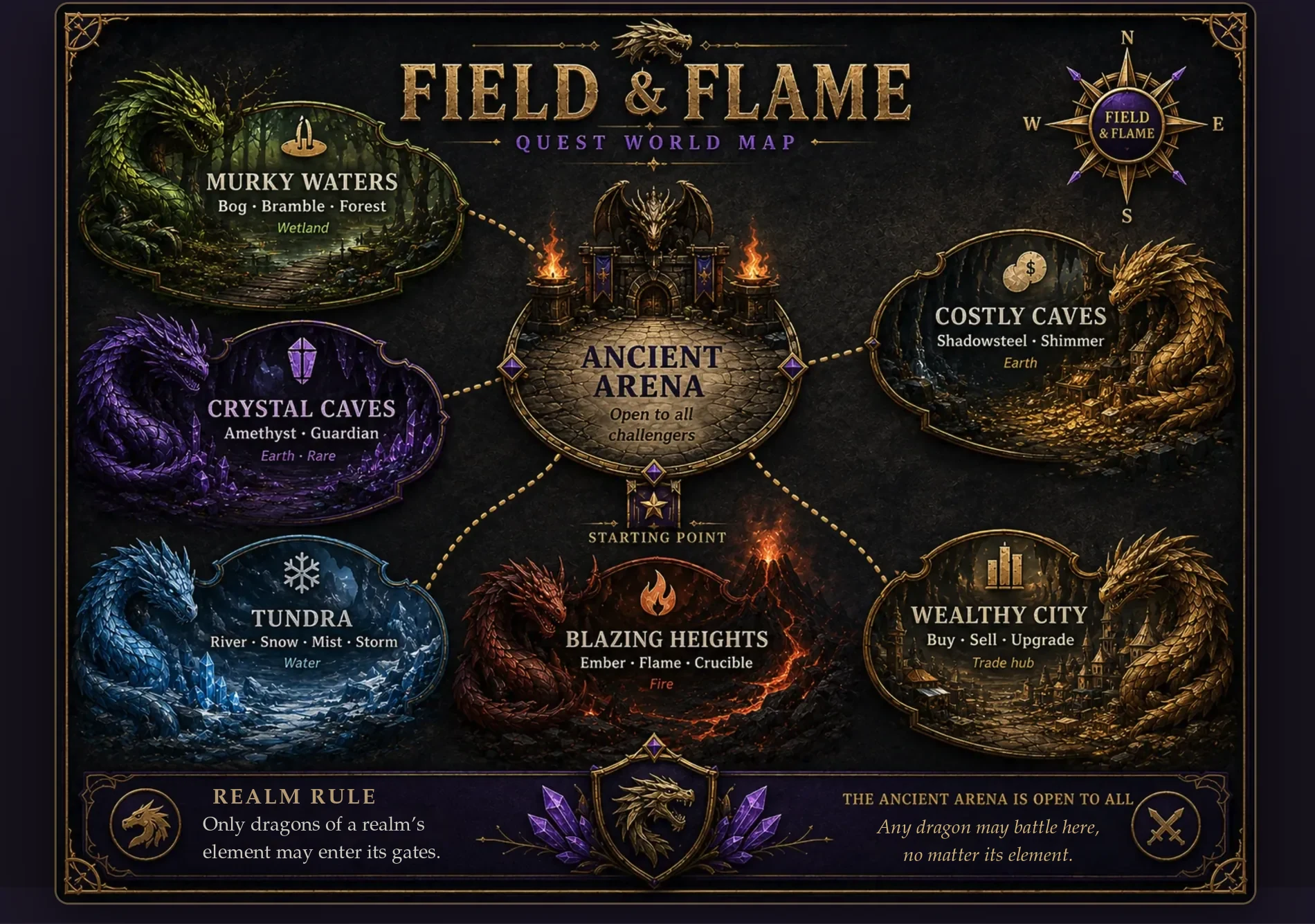 Field and Flame Quest World Map: six realms surrounding the Ancient Arena.